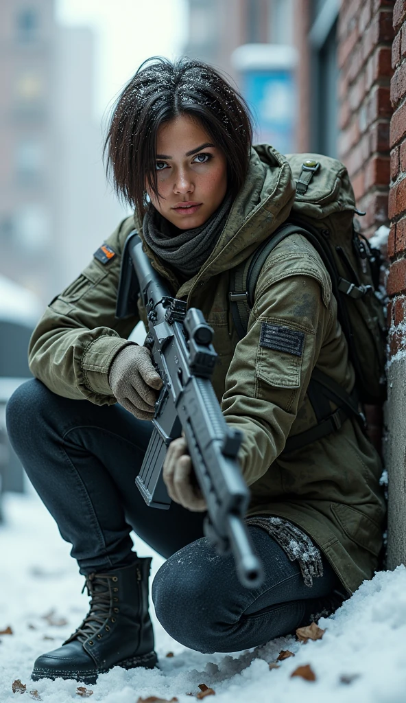 realistic, full body shot, photography, Tom Clancy's The Division game, military woman, short dark brown hair, military mercenary outfit in camouflage city colours consisting of black denim combat trousers and t-shirt and camo winter jacket and arafat around the neck and on on head and military gloves, armed, gun at belt, huge automatic riffle in hand, military backpack on the back with found items,  larger bust, athletic, dirty, sweaty hairs, no make-up, perfect body proportions, beautiful and dangerous, eye-catching, kneeling and hiding behind wrecked car, aiming with riffle to enemy,  A closed and contaminated winter in New York, empty snowy streets, frosty, an apocalyptic vision of a snowy world overrun by a virus, 8k, ultr-detailed, hiper-realistic, shallow depth of view, focus on woman, snowy scenery