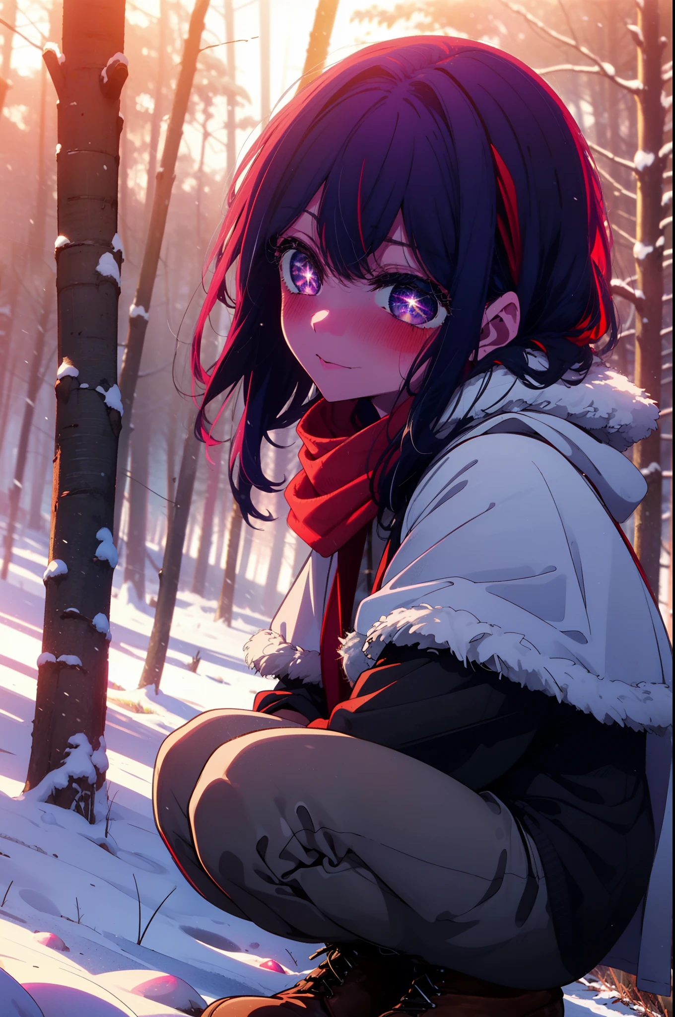 aihoshino, Ai Hoshino, Long Hair, bangs, (Purple eyes:1.1), Purple Hair, (Symbol-shaped pupil:1.5), smile,,smile,blush,white breath,
Open your mouth,snow,Ground bonfire, Outdoor, boots, snowing, From the side, wood, suitcase, Cape, Blurred, , forest, White handbag, nature, Squat, Mouth closed, Cape, winter, Written boundary depth, Black shoes, red Cape break looking at viewer, Upper Body, whole body, break Outdoor, forest, nature, break (masterpiece:1.2), Highest quality, High resolution, unity 8k wallpaper, (shape:0.8), (Beautiful and beautiful eyes:1.6), Highly detailed face, Perfect lighting, Highly detailed CG, (Perfect hands, Perfect Anatomy),