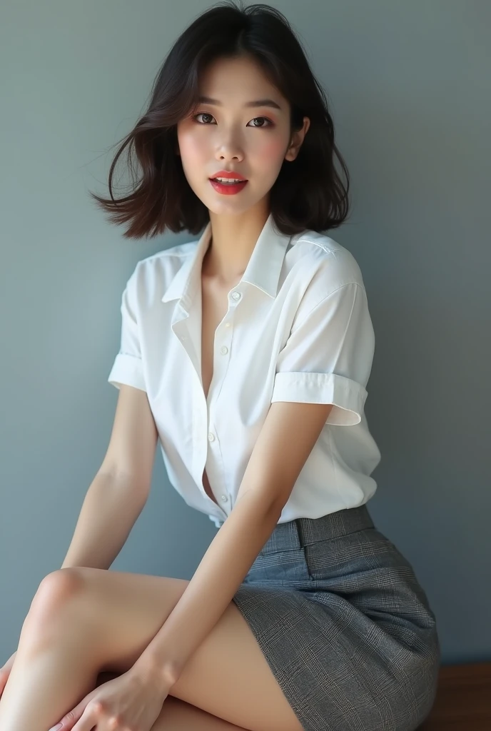 (shoulder-length straight bob hair:1),（Extremely meticulous CG),(((8k))),wallpaper,(Extremely refined and beautiful),(Masterpiece:2.0),(best qualtiy:2.0),(Ultra High Resolution:2.0),beautiful light up，Perfect lightning,realistic shaded，[A high resolution],(Smooth and flawless fair skin:1.5),Extremely exquisite facial details,ultra - detailed,A  girl,solo,small head,small face,clear face,Exquisite makeup,Close Shot,sitting at her drafting table, drawing a pencil sketch of a highly detailed super hero in her sketch pad, in an art studio, highly detailed background,blue green wall,(laughing:1.2),(perfect body:1.1),small breasts,flat chest,slim,thin,(white collared shirt:1.5),(white underwear:1.3),cowboy shot,portrait,from front,day scene,bright sunlight,Yellow curtains,winter