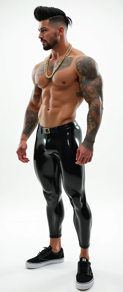 Fullbody standing picture of white Handsome muscular sexy man wearing skinny tight latex white bodysuit, shiny black hair Disconnected Pompadour oiled hair style, shiny black varnished vans, big golden neck chain, red lip, six pack, tattoos, horny, cot, spe milking p very big penisy big testicle, oiled skin, orgasm, oversexed, masturbationding at white show
