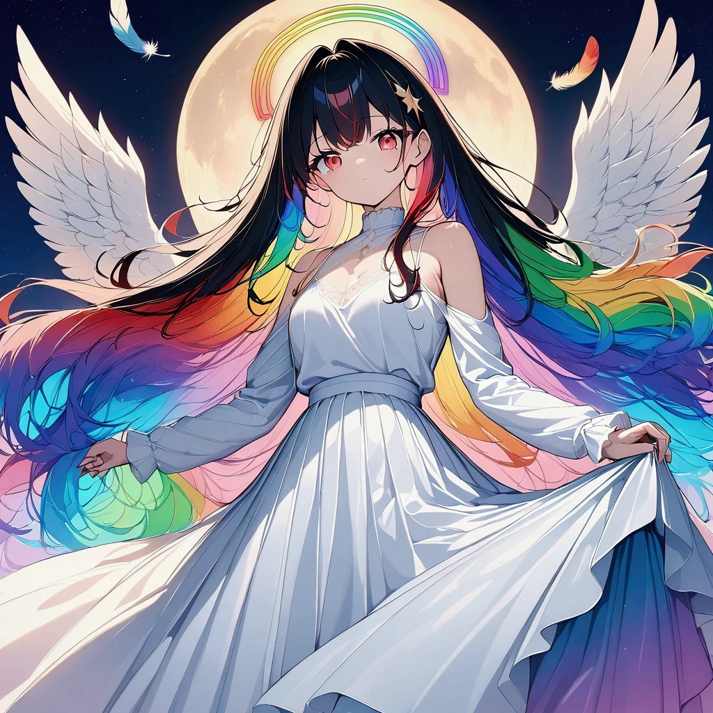 (((anime))) One Woman,I&#39;m in the mirror,Luxurious mirror,The mirror is on the wall,Heaven in the mirror,An angel looking at me,Large iridescent feathers,Long Hair,(Rainbow Hair),Bangs parted in the center,Inside the hair,Shine,Angel Halo,Red eyes,Big eyes, white camisole,Volume sleeve,Long skirt,Black boots,night,full moon,star,Backlight,masterpiece,Highest quality,Exquisite,8k,Absurd,Ultra-fine illustrations,