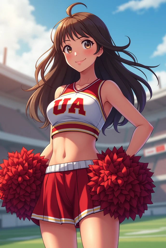 Imagine a cheerleader girl in a UA bnha cheerleader outfit plus bust and butt,with brown hair and light streaks 