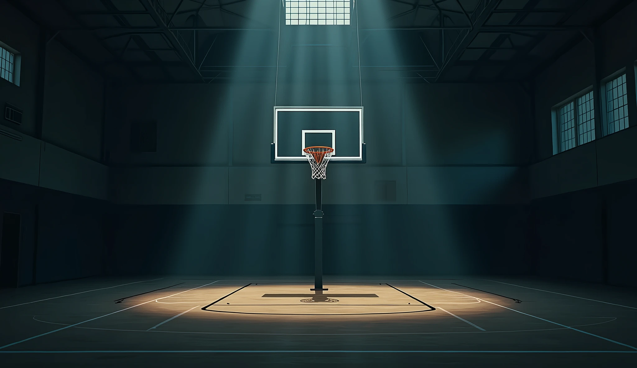 The school&#39;s large, dimly lit gymnasium with a basket。Camera is looking at a basketball goal。In the style of Makoto Shinkai。master piece, ultra detail