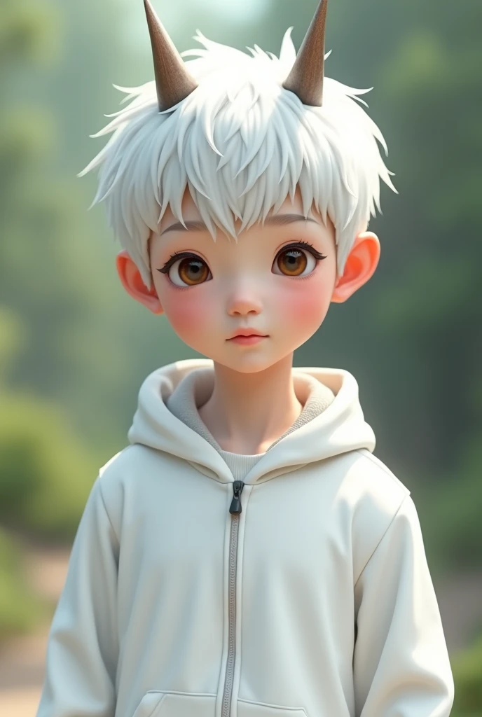 White haired asian boy，Short horns on the head，Wearing a white sports suit，Delicate boy face，，Reality