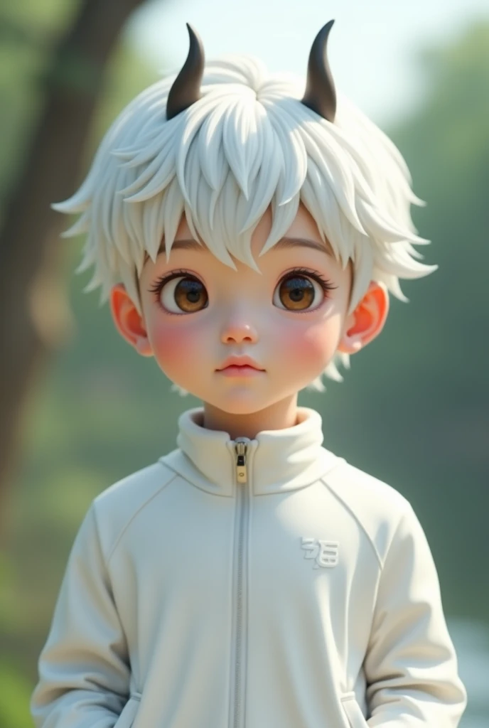 White haired asian boy,Short horns on the head,Wearing a white sports suit,Delicate boy face,,Reality