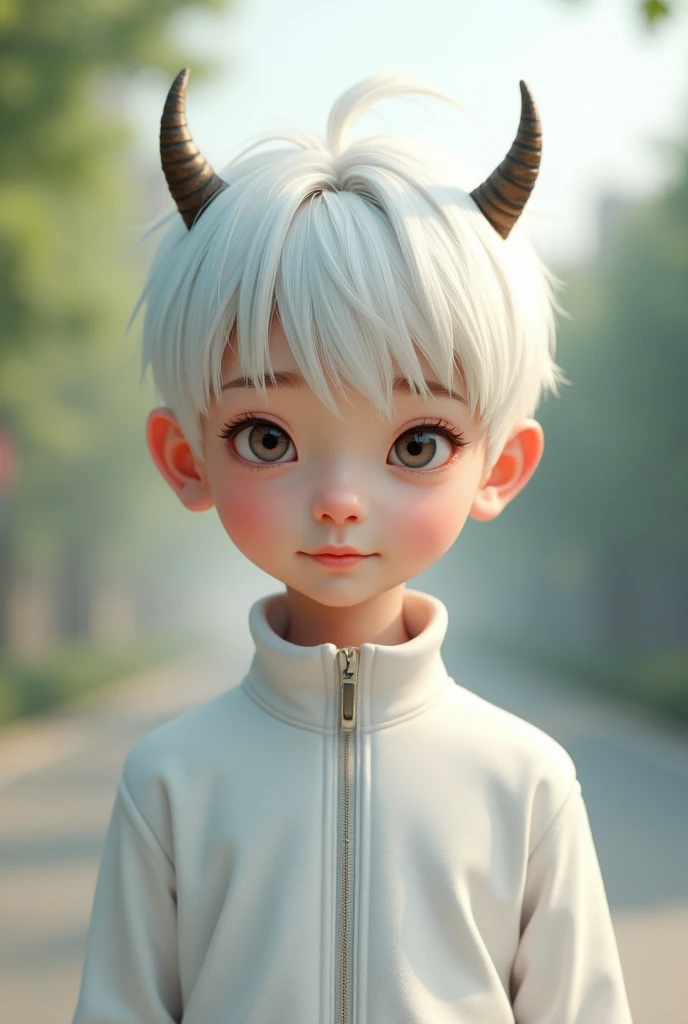White haired asian boy,Short horns on the head,Wearing a white sports suit,Delicate boy face,,Reality