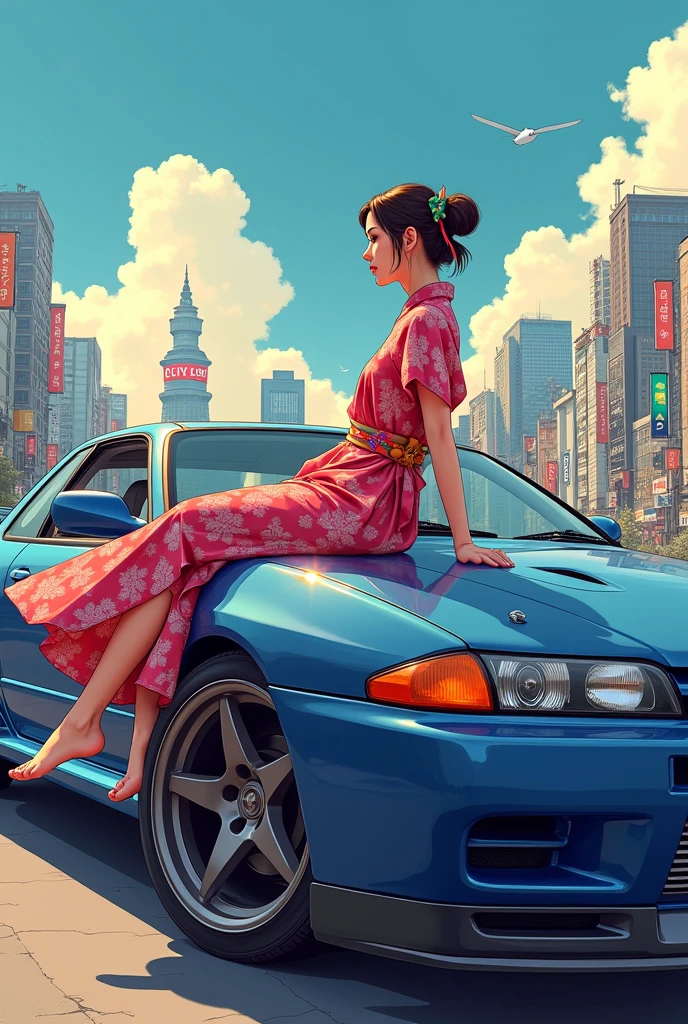 Nissan skyline R32 with a beautiful japanese girl wearing frock sitting on the bonnet, with Tokyo background in daylight, in anime style picture 