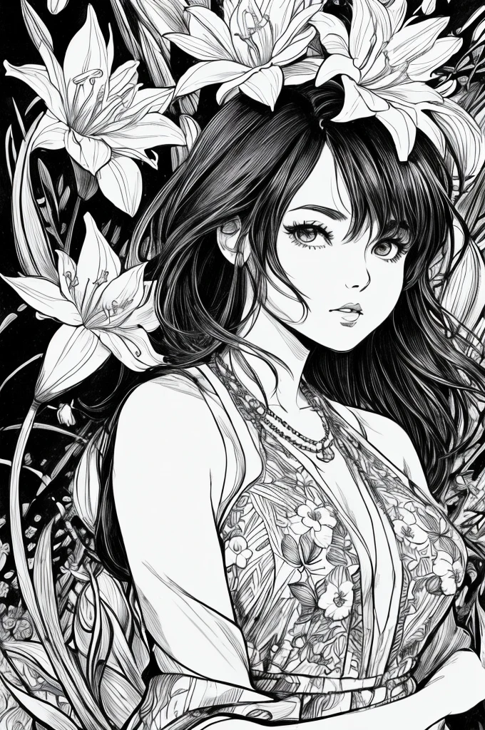 Black and white stick figure 1 with river lily flowers in the background, girl in floral dress, its fine ink line drawing, comic style, portrait of a polynesian girl, hollywood glamour, beautiful line drawing, black and white comic style, manga style, manga art style, pencil and ink portrait, black and white coloring