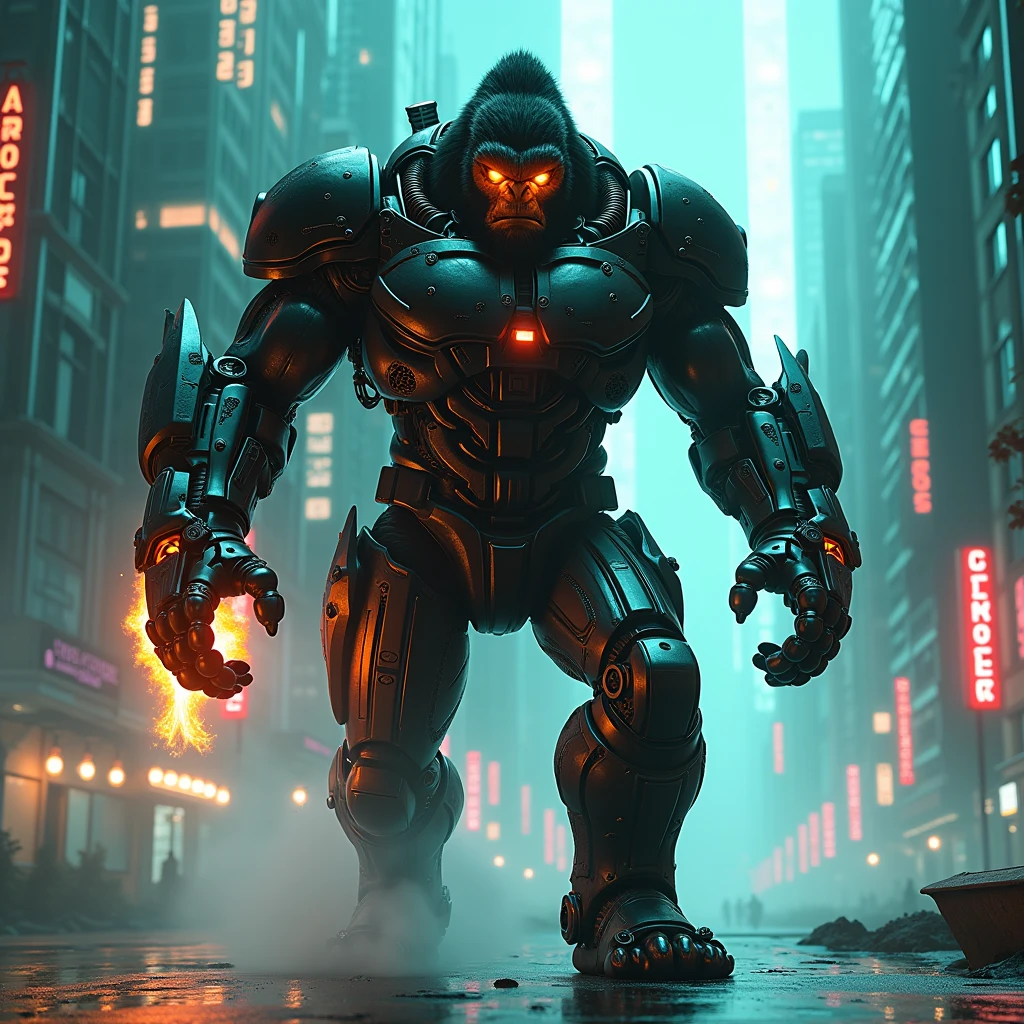 fire king kong  in robocop black costume, walking in cyberpunk city with teal and orange neon lights