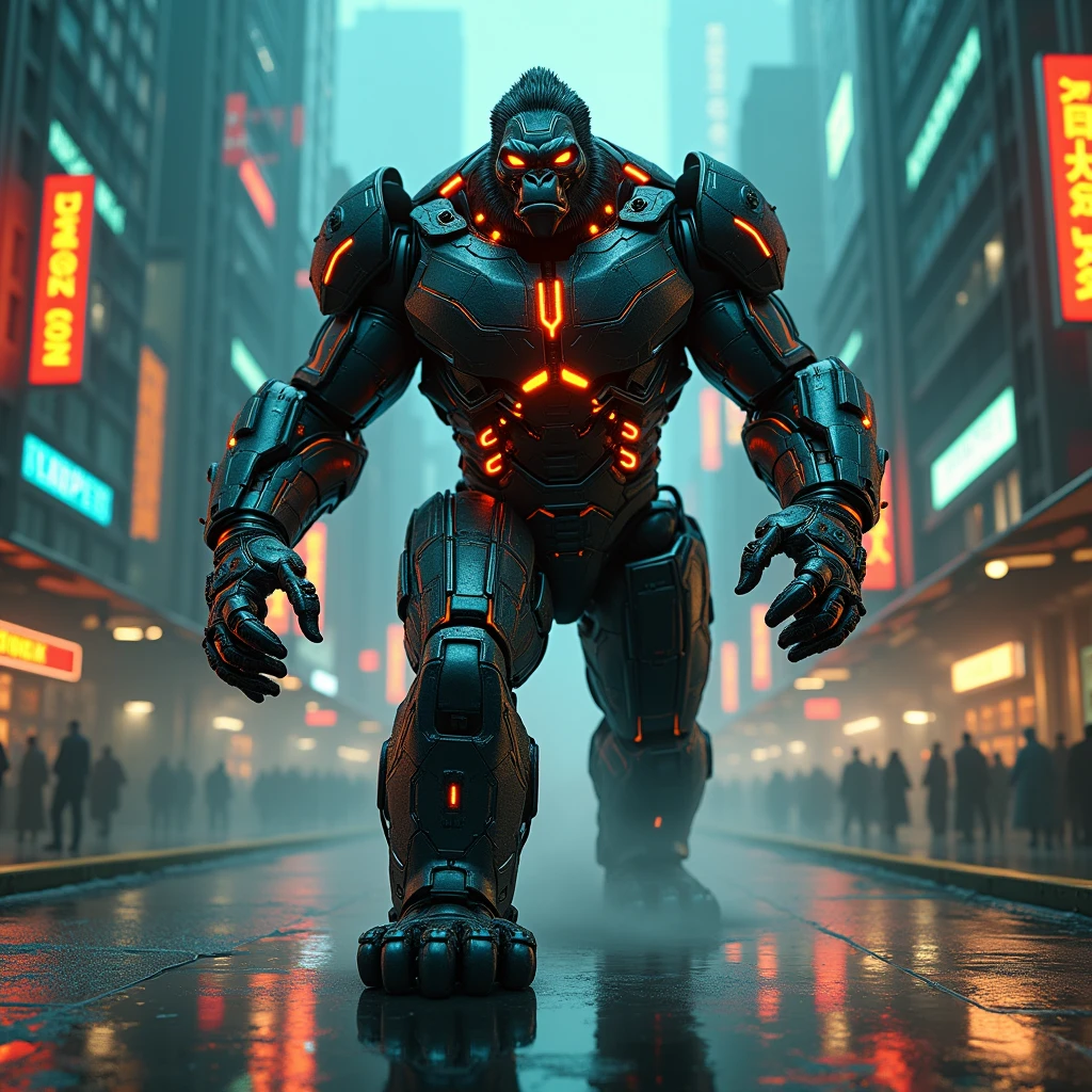 fire king kong  in robocop black costume, walking in cyberpunk city with teal and orange neon lights