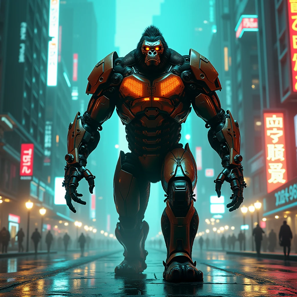 fire king kong in robocop black costume, walking in cyberpunk city with teal and orange neon lights