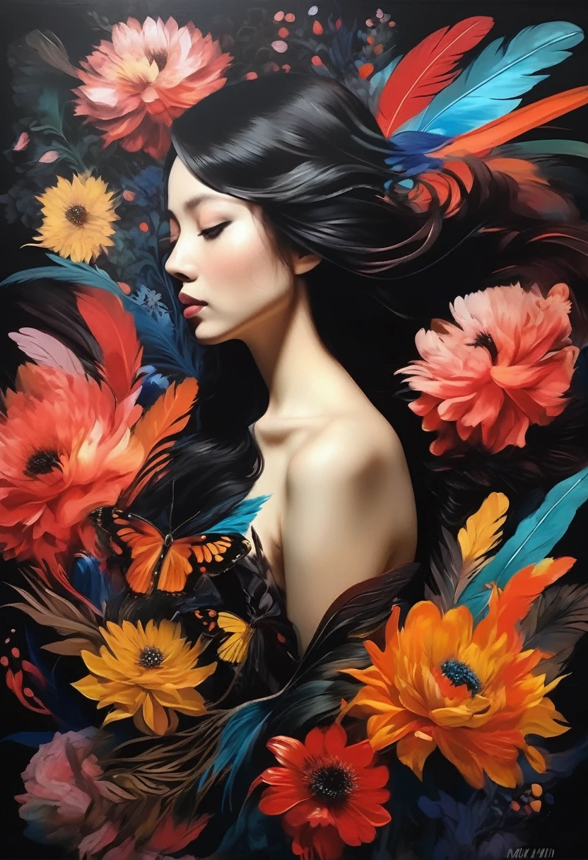 (Sensual illustration chiaroscuro), Illustration art, By Irina Kapi. Surrealism, Vintage Abstraction,  (Girl with black wings), (花畑の上を少女が飛んでいるPainting:1.2), Esbian all over body、Woman with black feathers, Big feather、Colorful flower garden background、Highest quality, masterpiece, Ultra high definition、Painting, Concept Art, Emotional, Atmospheric, Romantic aesthetics, Represents transformation and the ability to see beyond the surface、Ultra high definition、(deep, Delicate colors) paint (draw) 、最高masterpiece、Highest quality、