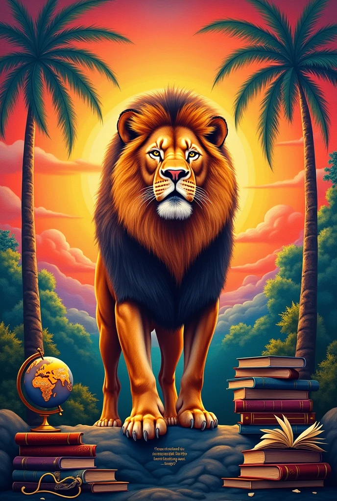 Create a lion mural with a warm sunset, palm trees and educational objects. Add an inspirational quote