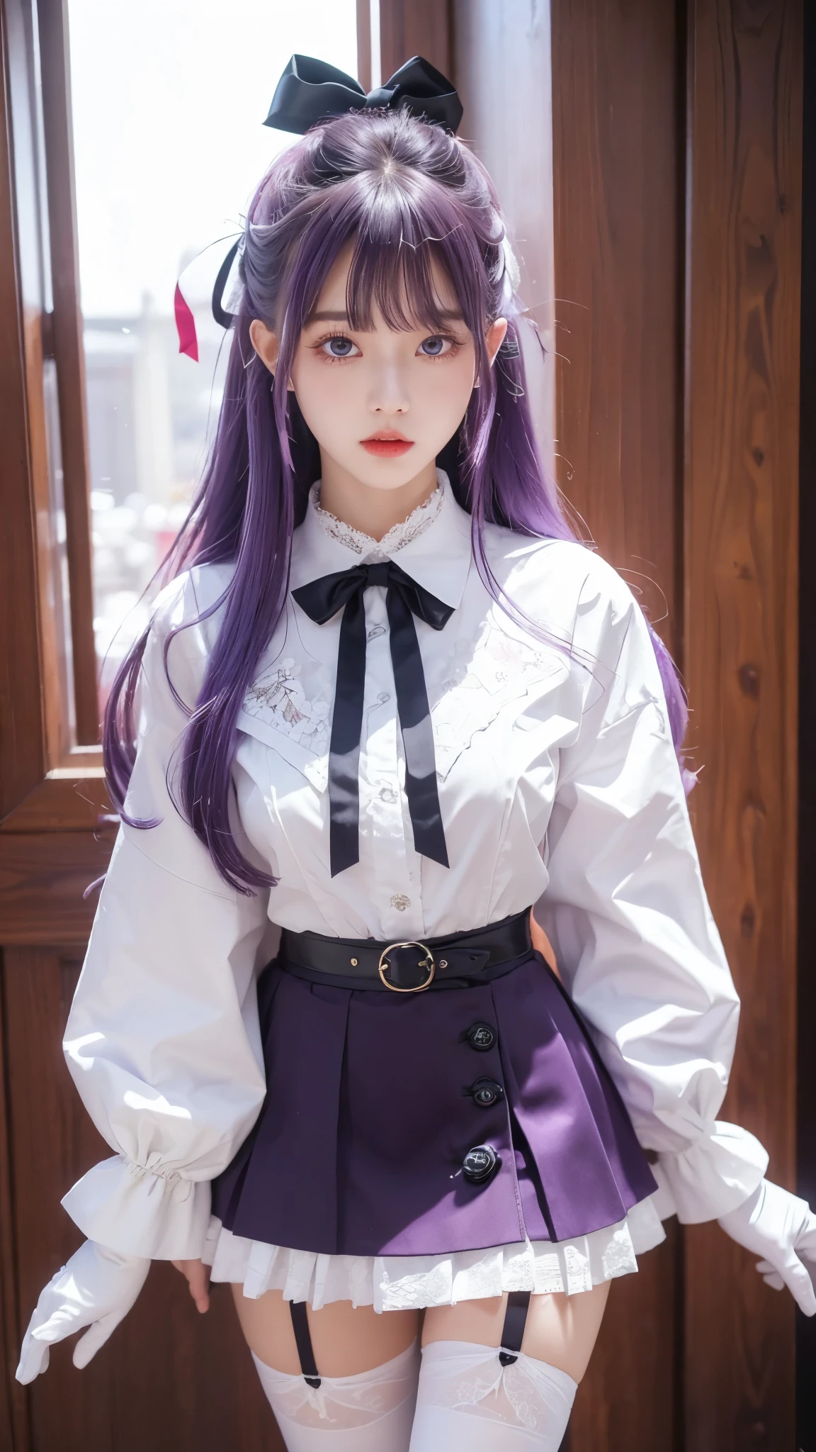 looking down, Calm face BBBase, purple eyes, long hair, purple hair, hair ribbon, neck ribbon, red ribbon, white shirt, black skirt, high-waist skirt, white gloves, black thighhighs, lace-trimmed legwear, black coat, popped collar,
