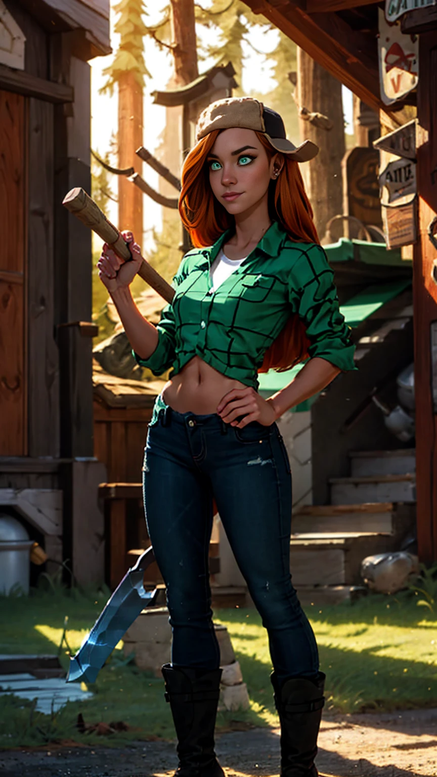 Wendy Corduroy, BREAK: long straight reddish brown hair, fitted green flannel over shirt 3/4 cropped, tight white sports bra under shirt, midriff showing, skin-tight jeans, thigh cutout, loose leather work boots, BREAK: slim and toned build, small bust, strong glutes, strong shoulders, crooked smile, freckles, green eyes, BREAK: holding wood axe, action poses, BREAK: full length portrait, wide angle, mystic forest setting, energy pouring off her body, BREAK: 16, absurdres, masterpiece, best quality, digital art, strong shadows, detailed face, accurate hands, perfect hands, correct anatomy, strong_negative