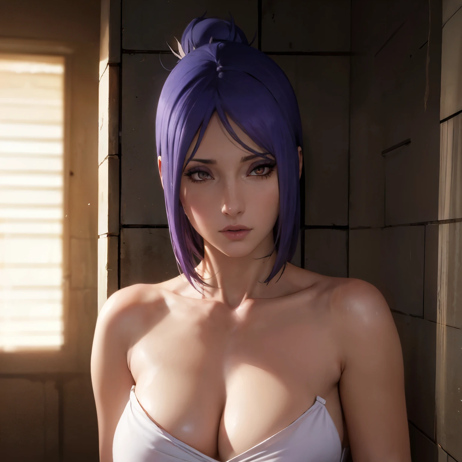 (masterpiece), best quality, expressive eyes, perfect face, konan from Naruto , 30 year old women, purple lipstick,glowing eyes ,facing towards screen parted lips feminine figure body wearing short and colorful bikini , beautiful expressive eyes , 4k backlighting, sexy posing in bathroom with towel