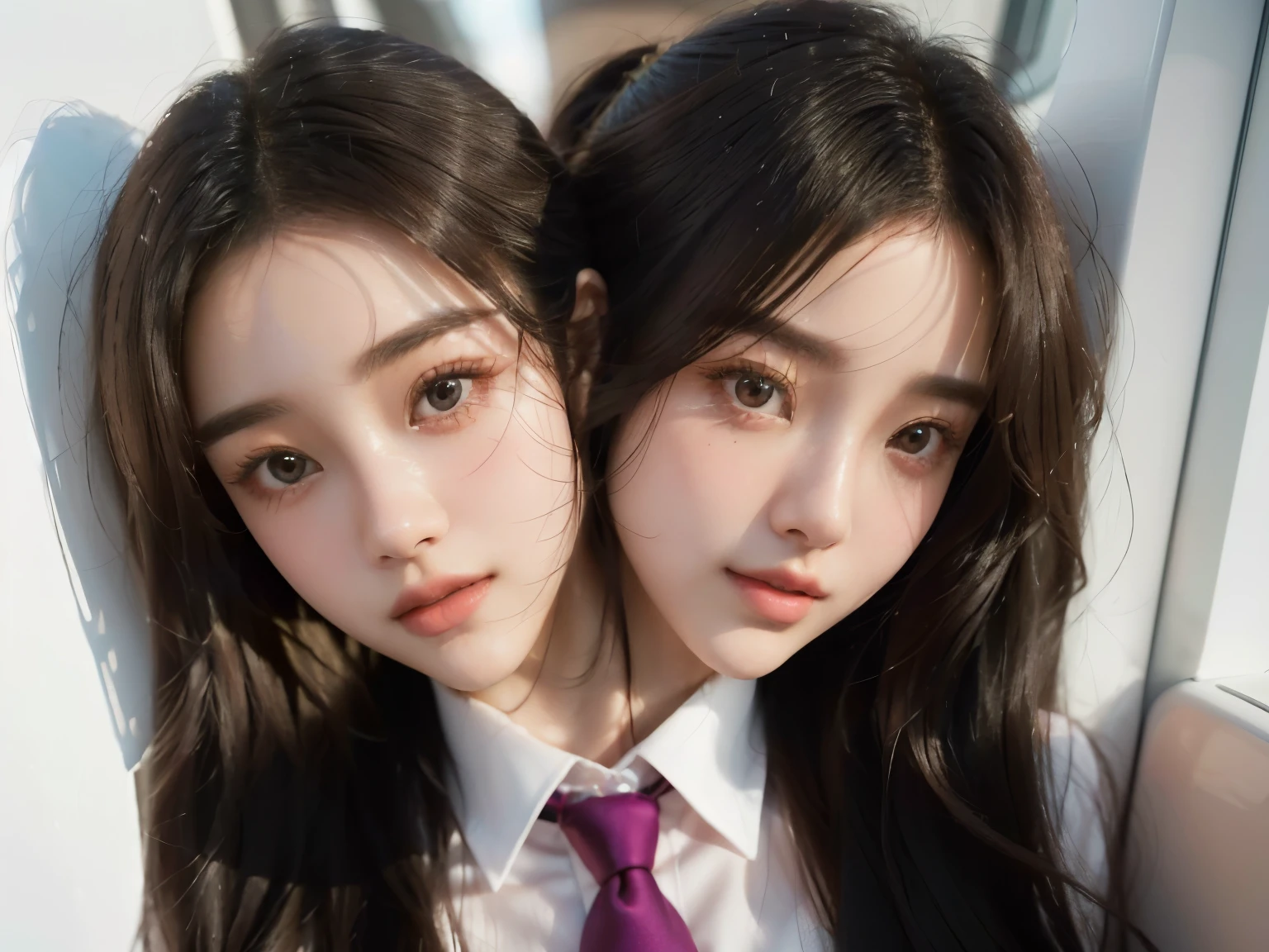 (2headsL1.2), korean women, there are two women in suits and ties posing for a picture, beautiful gemini twins portrait, alena aenami and lilia alvarado, beautiful gemini twins, portrait sophie mudd, profile image, promotional photoshoot, two girls, beautiful sci - fi twins, gorgeous faces, official product photo, two women, beautiful highly symmetric faces, beautiful girls, twins, photo portrait