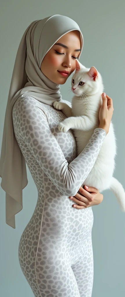 The beautiful,slender thin and clever Malaysian muslimah adult female girl with beautiful cheeks wears white leopard print costume lycra turtleneck unitard catsuit covered with patterns and white leopard print lycra elastane stretchy dancewear hijab covered with patterns.She hugs her pet cat.