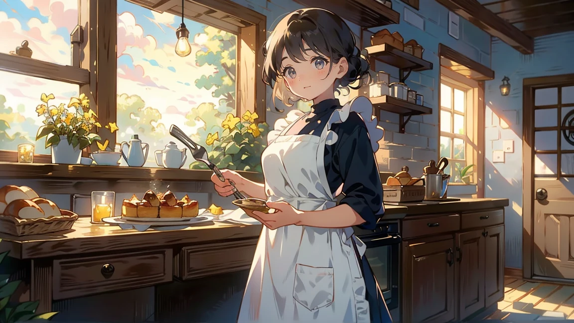 In a cozy cottageパンを焼く: In a cozy cottage,She bakes bread and wears a cute apron,She was standing in the kitchen,Holding a baking tool in your hand,Smiling brightly。The table was lined with freshly baked bread and cakes.,The whole scene is full of sweetness and warmth.。