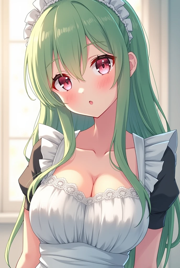 nsfw,top-quality,Top image quality,in 8K,4K,​masterpiece,ultra-detailliert,Beautiful、ultra-quality, best quality,high resolution, ultra-detailed,game cg,dutch angle ,beautiful detailed eyes, visualart,five fingers, perfect hands,a beauty girl,Green hair, Massive breasts, maid, cleavage,Cowboy Shot,seductive smile,show off nipple,(all fours)