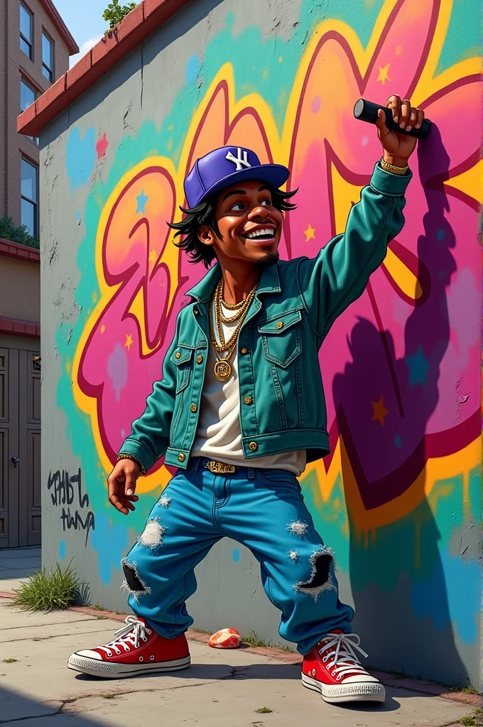 Cartoon rapper painting walls while rapping