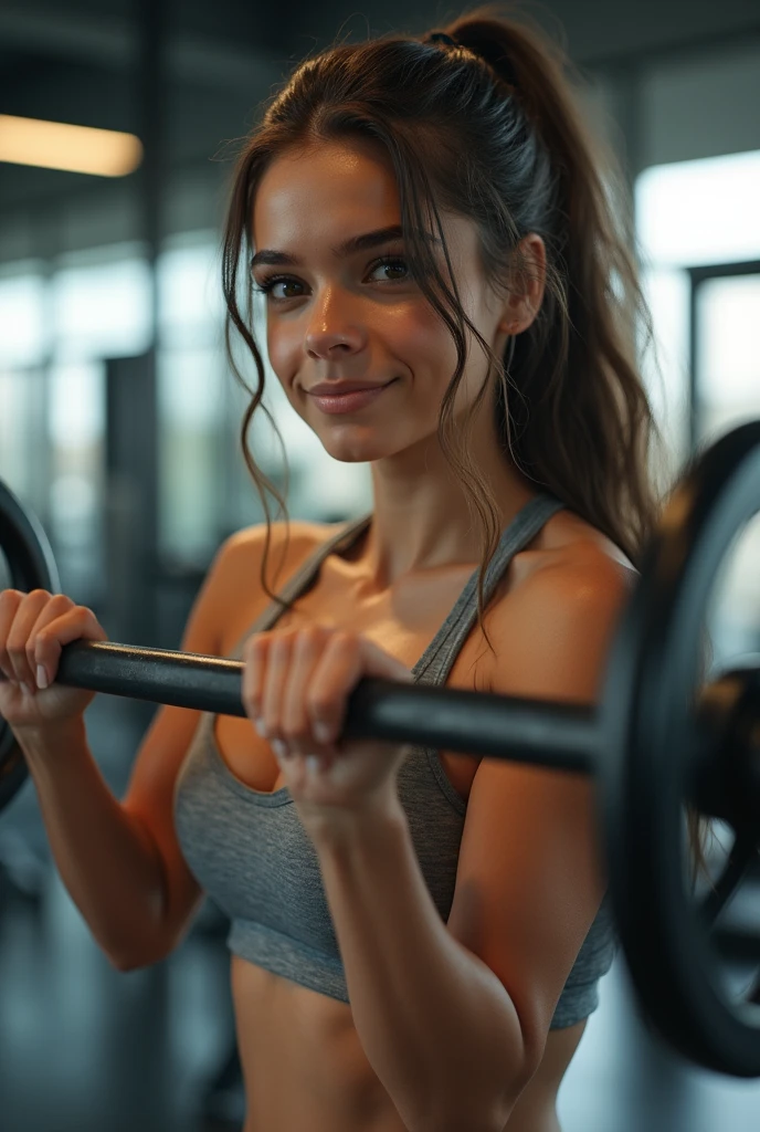 Beautiful girl, , baby, athletic body, young,wearing yoga pants and a sports bra, inspirational, aesthetic photograph, hyper realistic, in the gym, working out, sweaty skin, doing bicep curls