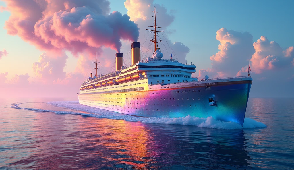 A large passenger boat running on the Iridescent Sea，Boat、The rainbow Titanic、colorful，iridescent smoke、The rainbow Titanicはiridescent smokeを出している、Beautiful sea，wonderful view，Seaside，iridescent Sea、An atmosphere full of dreams and hope，masterpiece．16K, Ultra-high resolution, Ultra-high resolution, to be born,wonderful ,future、iridescent、The world 30 years from now。