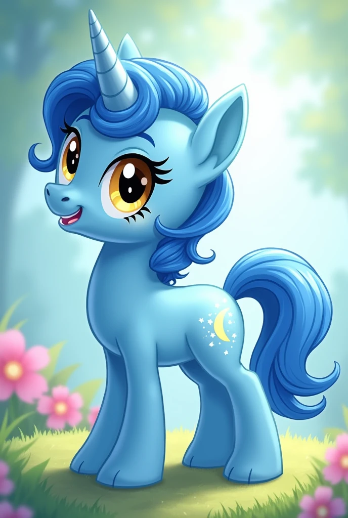 Design a《My Little Pony》Role, colt,unicorn pony,Blue fur,Has neat cyan hair,Yellow eyes,The cutie mark is a white crescent moon and a star,Fresh background。