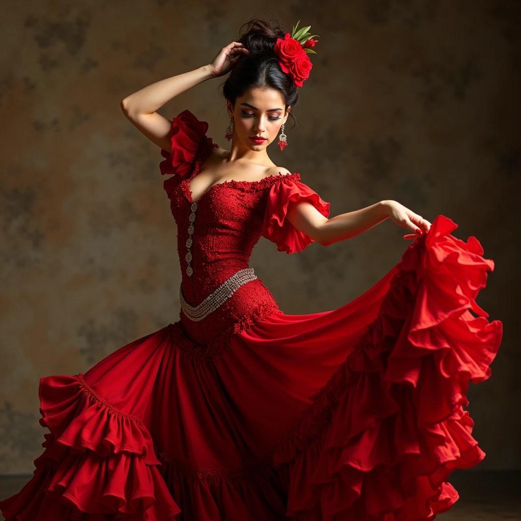 1 beautiful spanish fashion model woman doing flamenco dance, professional attire, powerful angle, dynamic movement, close-up shot, seductive pose and gaze towards camera, Canon Eos 24mm, extremely detailed, 4k, 8k, high resolution, masterpiece, photorealistic, vivid colors, dramatic lighting