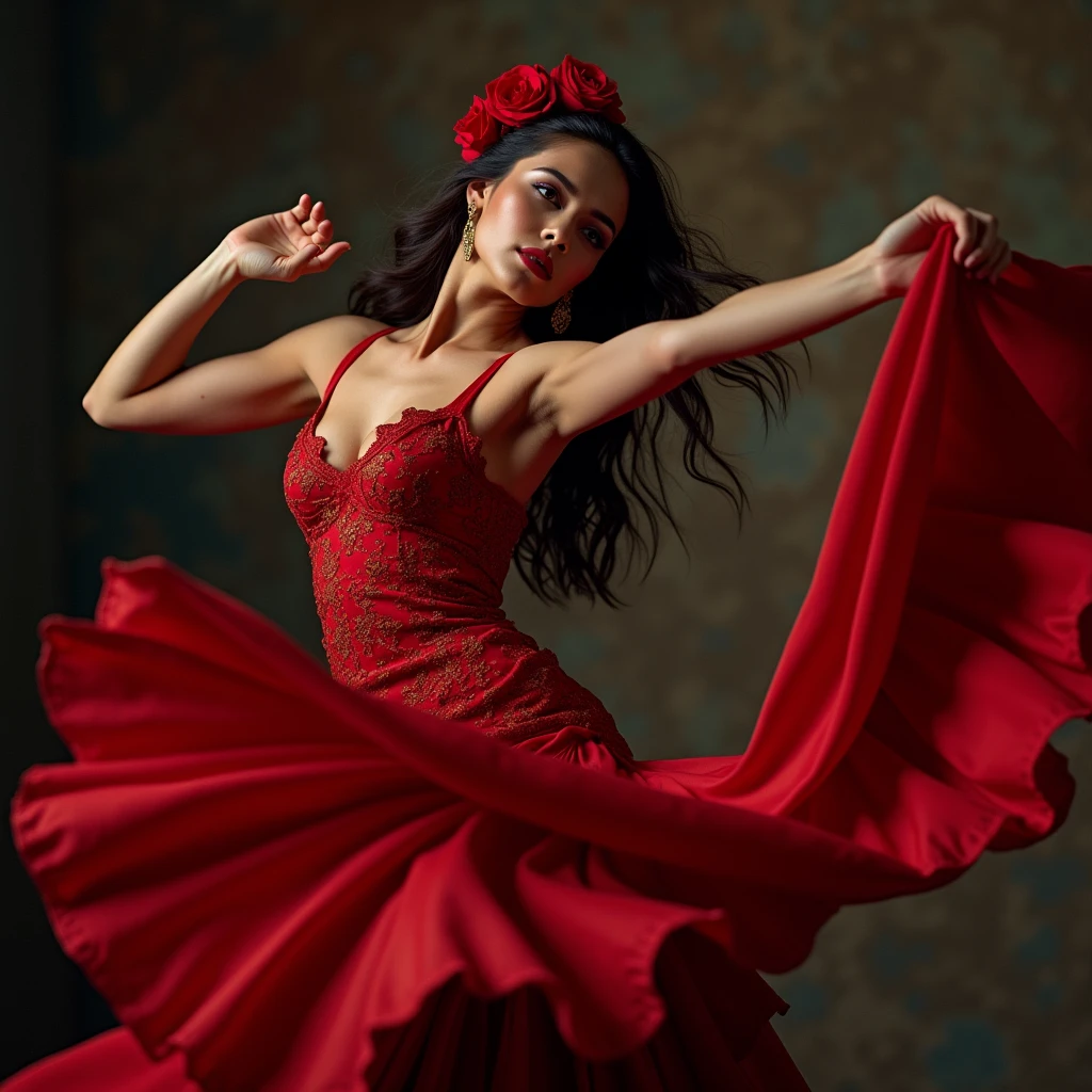 1 beautiful spanish fashion model woman doing flamenco dance, professional attire, powerful angle, dynamic movement, close-up shot, seductive pose and gaze towards camera, Canon Eos 24mm, extremely detailed, 4k, 8k, high resolution, masterpiece, photorealistic, vivid colors, dramatic lighting