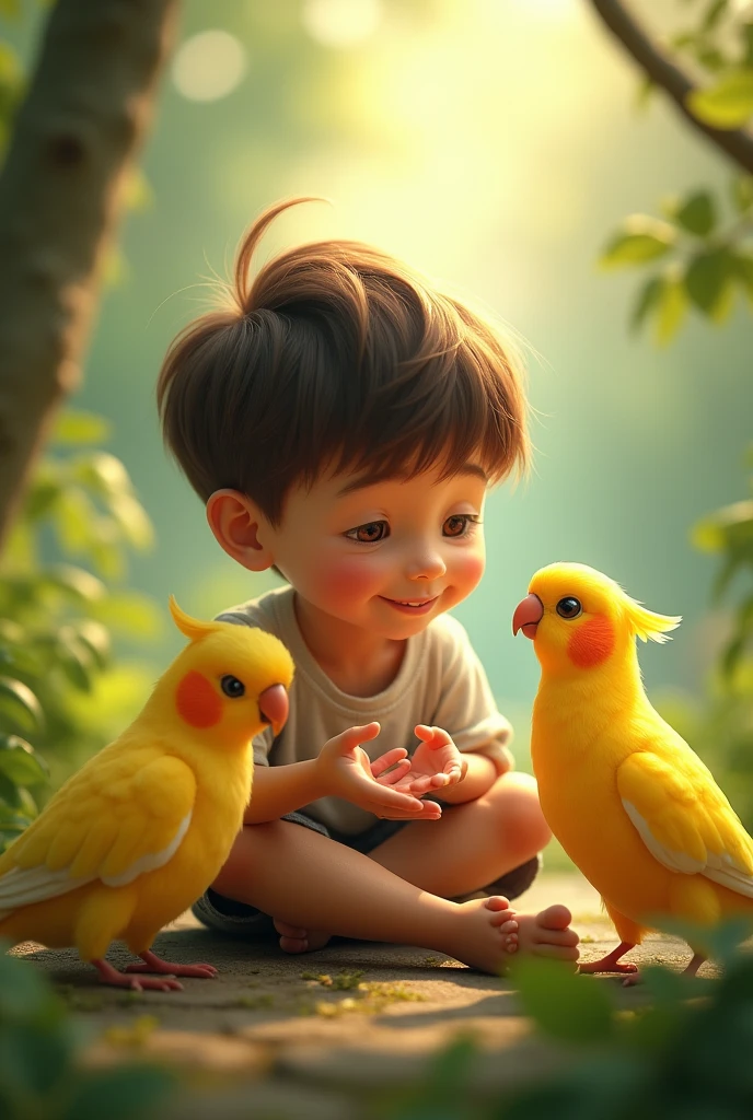 Lutino cocatail birds with one boy