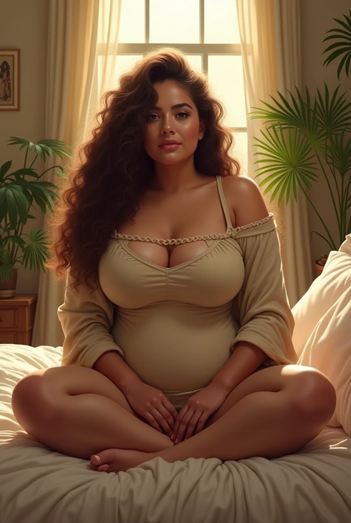 (photorealism:1.2), beautiful woman, fuck Big ass and big tits sitting on bed, off clotes, long curly hair, indoors, soft lighting, plants in background, window with sunlight, cozy room, relaxed pose, realistic, intricate details, warm colors, by Greg Rutkowski, by Alphonse Mucha