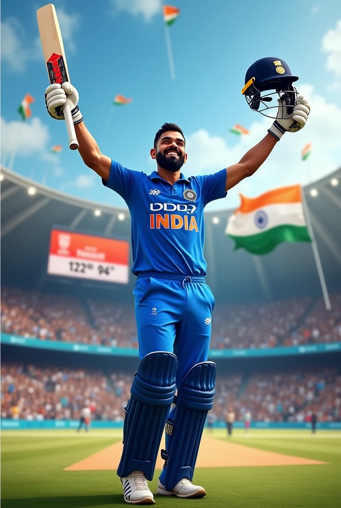 Create a cricket stadium scene with a player wearing a blue jersey holding a bat in one hand and a helmet in the other, celebrating after scoring a century. The player is standing in front of a large crowd waving Indian flags, with a scoreboard on the side displaying the player's name 'VIRAT KOHLI' and the score '122*(94)' during an India vs Pakistan match. The player is in the center with text overlay and the 'Asia Cup' logo visible on the top left."