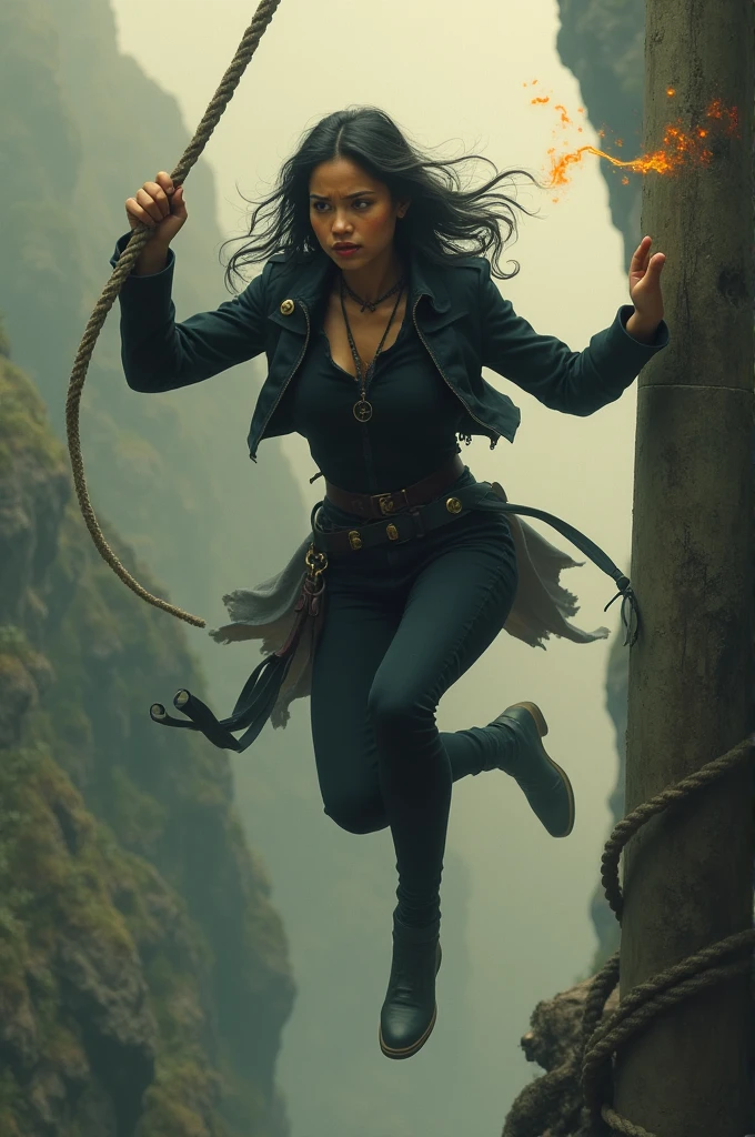 Gadis jawa usia 20 tahun. Hitman. The face is quite round .beautiful face.kulit sawo matang. Jumping. Wearing black. Vintage. Chased by the dragon. Jump off the cliff by holding on to the rope. One hand was hit by a spray of dragon fire.scared face.