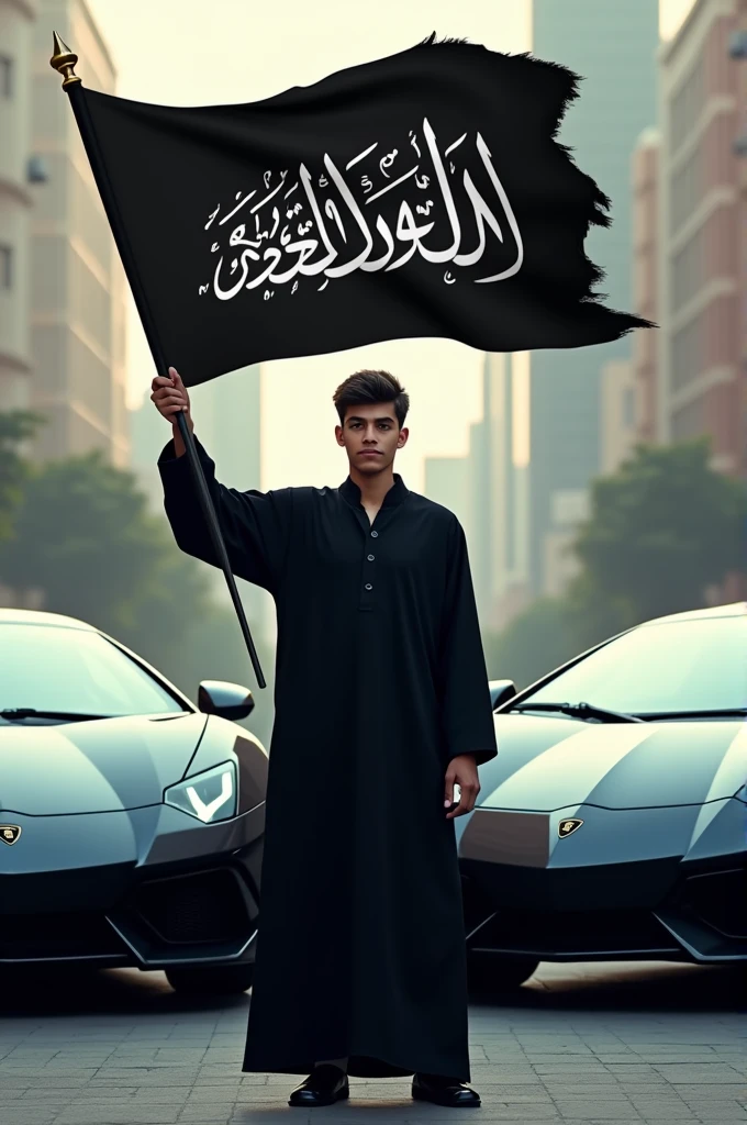 The 19 yrs boy is standing in front of 2 Lamborghini car wearing black khan dress holding black colour flag in his hand and 'LA ILAHA ILLALLAH' is written on the flag in white colour