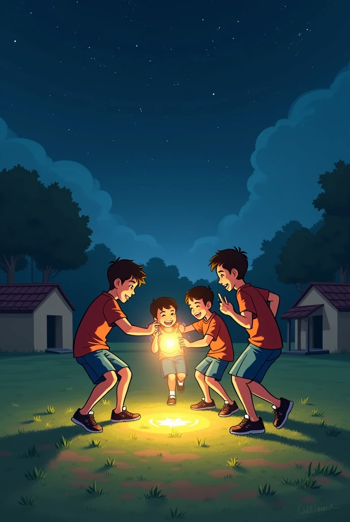 Five teenage boys on a village football field dancing around a switched-on flashlight on a phone at night