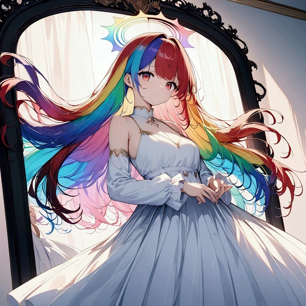 (((anime))) One Woman,mirrorの中にいる,豪華なmirror,mirrorは壁についている,mirrorの中は天国,An angel looking at me,Large iridescent feathers,Long Hair,(Rainbow Hair),Bangs parted in the center,Inside the hair,Lightる,Angel Halo,Red eyes,Big eyes, white camisole,Volume sleeve,Long skirt,Black boots,mirror,Light,Backlight,masterpiece,Highest quality,Exquisite,8k,Absurd,Ultra-fine illustrations,