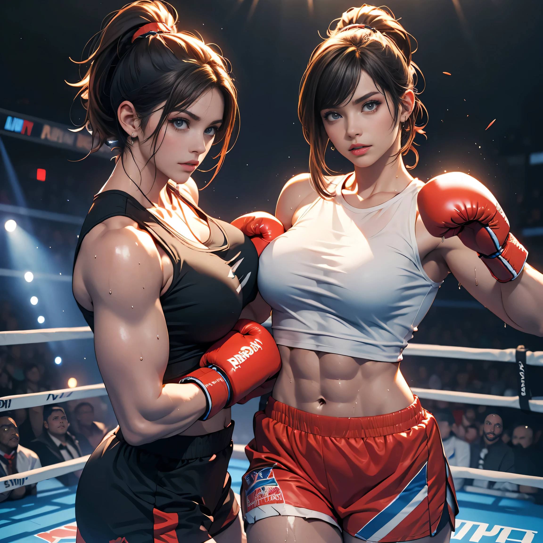 1 woman, Pretty Caucasian (female), Sarah Shahi, a slim but muscular body, huge breasts, dark brown messy hair, blue eyes, (original) , (very detailed wallpaper) , (best quality) , (masterpiece) , photographic reality, realistic, very detailed illustrations, (1 girl) , beautiful eyes, (delicate face) , perfect detail, (best lighting) , (super complex details) , (boxing girl) , (aggressive punching) , sweat, heavy breathing, (oppressive attack) , (boxing ring) , athletic shorts, perfect detail, perfect fingers, perfect limbs, impact, (shiny skin) , abs, muscles, waistline,micro miniskirt, fist fight, black hair, high ponytail, very long hair, 4K unified, (super detailed CG: 1.2) , (8K: 1.2) , realistic, octane rendering, exposed thighs, torn top, exposing breast, top is torn, sweating, wet top,