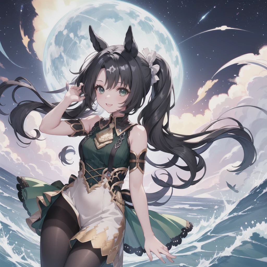 Highest quality、Highest quality、Highest Resolution、masterpiece、Anime Drawing、独奏。Dark green shoulderless long knit。pantyhose。lipstick、smile。Glamorous Body、Beautiful breasts、Touch your head with your hand、Active Posing。Black Hair、Long Hair、ponytail。Lots of hair ornaments。Beautiful child with horse ears。Night Sky、Strong winds、Chest centered。