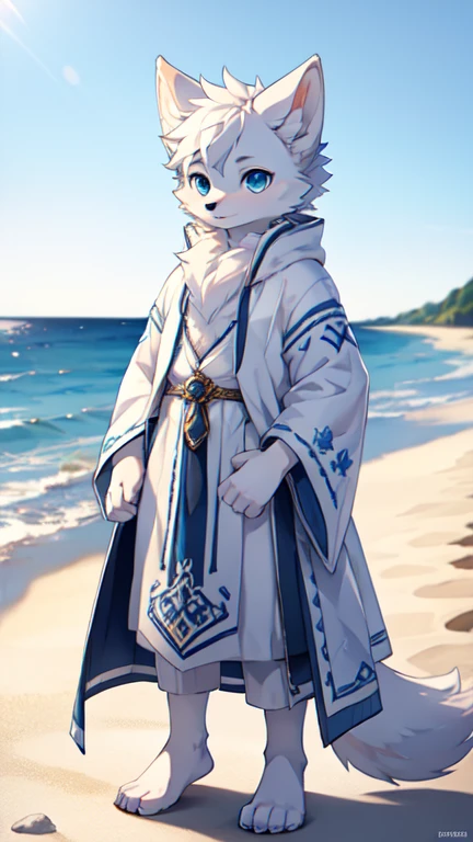 Detailed portrait of a male arctic fox with white fur, blue eyes, Fluffy ears, Standing barefoot on the beach,The background is the ocean, Natural Lighting, Intricate background, Extremely detailed facial features and clothing, Full body center composition, Perfect focus and lighting