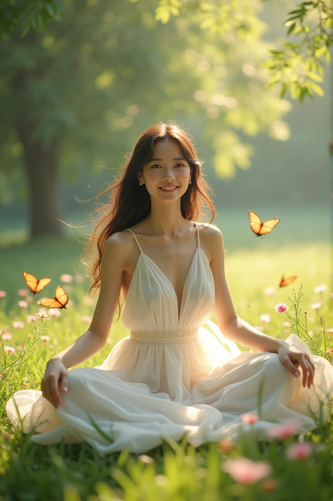 ，Masterpiece, Best quality，8k, Ultra-high resolution，Reallightandshadow，Cinema lenses，(beautidful eyes:1.1)， ((The scene is，The upper part of the body))，dynamicposes，On a green meadow，The gentle goddess came with gentle steps。She wore a white dress，A gentle breeze blows，The skirt dances lightly。The sun shone through the leaves in her hair，Reflecting her clear eyes and gentle smile。Colorful butterflies flutter around her，Flowers bloomed at her feet，It was as if nature was cheering for her。, sitting with his legs wide open