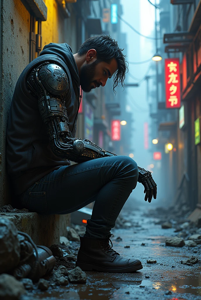 cyberpunk futuristic alley with a man leaning against the wall and checking his damaged arm in hyper-realistic style and with many details