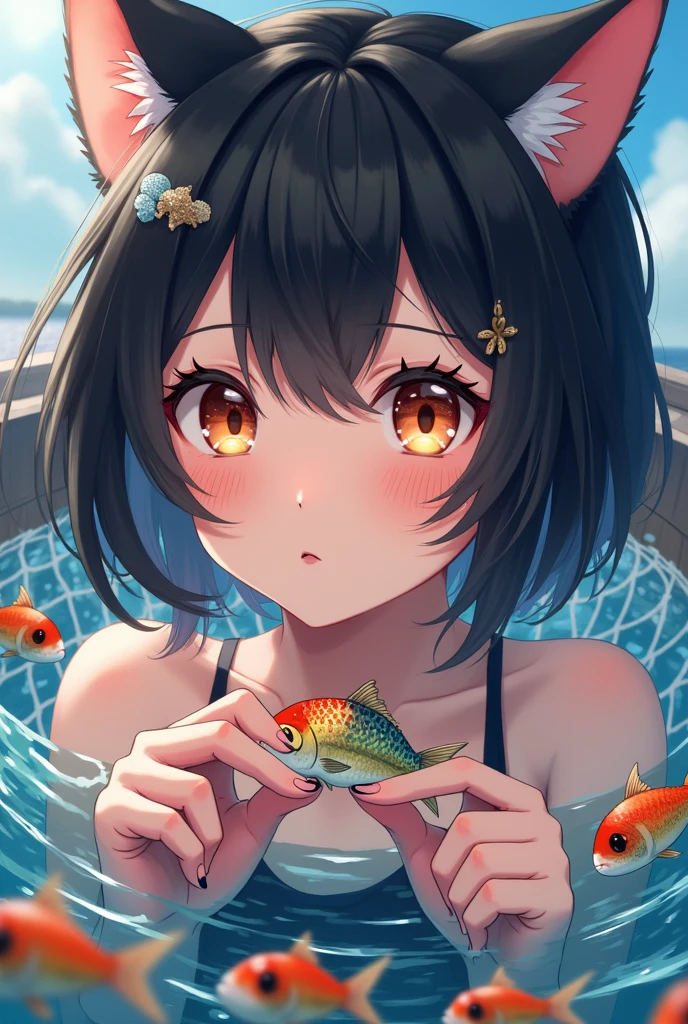 (best illustration, masterpiece) high resolution, close-up, soft skin,, [(cat ears, black fur, pink inside:1.2), (black short hair,lovely,):1.3] picture taken on a boat, with fishes in a net. 