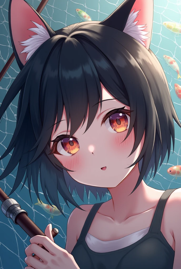(best illustration, masterpiece) high resolution, close-up, soft skin,, [(cat ears, black fur, pink inside:1.2), (black short hair,lovely,):1.3] picture taken on a boat, with fishes in a net. 