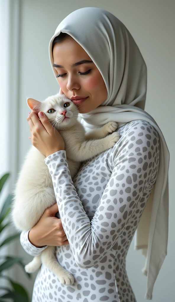 The beautiful,slender thin and clever Malaysian muslimah adult female girl with beautiful cheeks wears white leopard print costume lycra turtleneck unitard catsuit covered with patterns and white leopard print lycra elastane stretchy dancewear hijab covered with patterns.She hugs her pet cat.