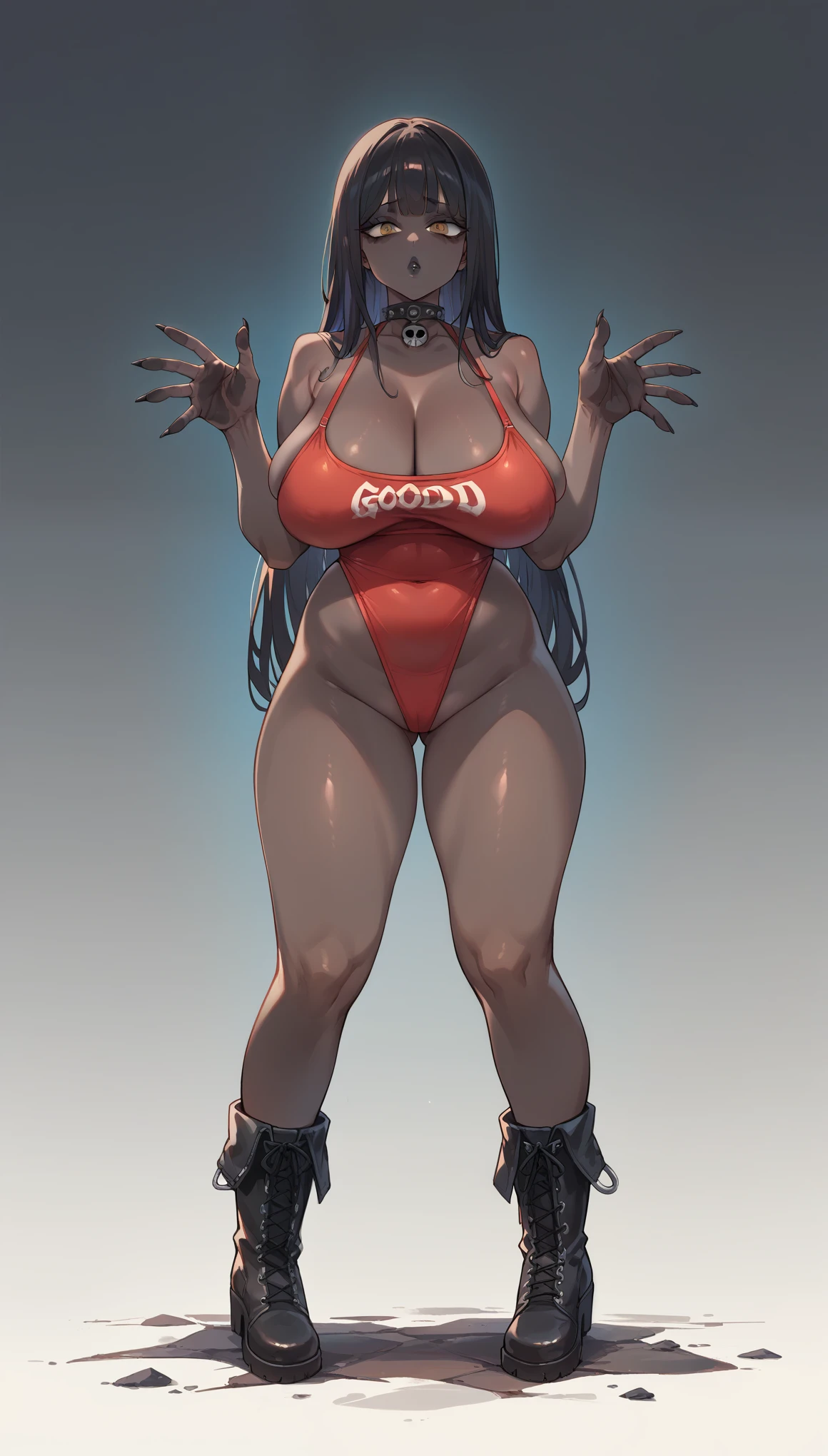 Goth Noir (nod)  wearing a red swimsuit black skin full body Very Very Big  delicious breasts big sagging breasts boots. Good hands 1k  