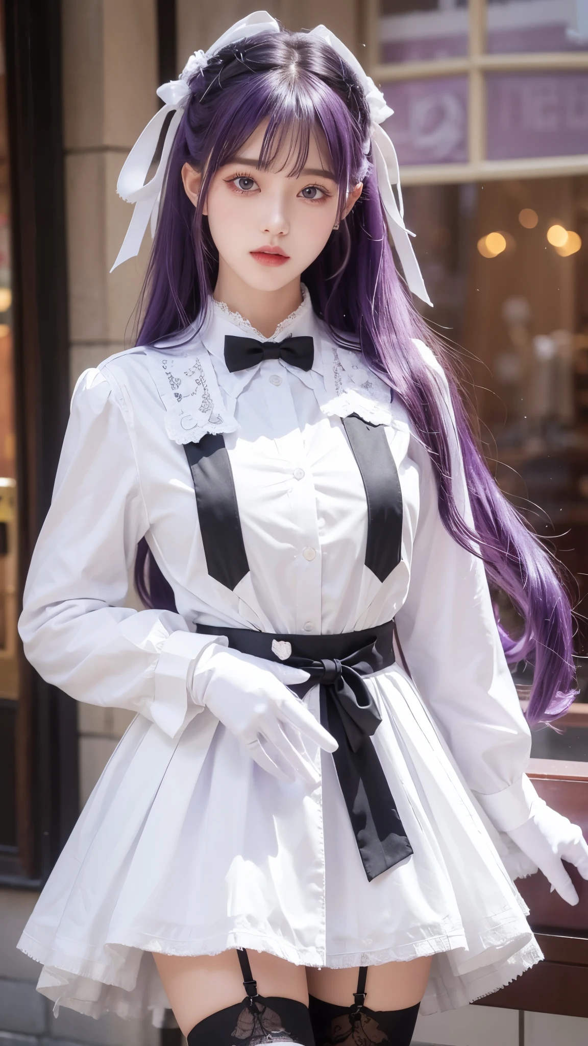 looking down, Calm face BBBase, purple eyes, long hair, purple hair, hair ribbon, neck ribbon, red ribbon, white shirt, black skirt, high-waist skirt, white gloves, black thighhighs, lace-trimmed legwear, black coat, popped collar,