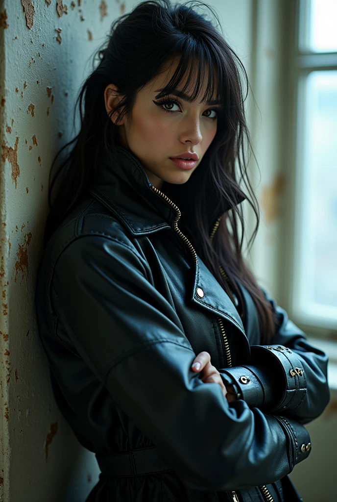 Woman With futuristic cyberpunk clothing and overcoats hyper realístic, details, Club Plates writings, Leaning pose against the wall checking The self the blade arm, While with the other finger he points to the camera