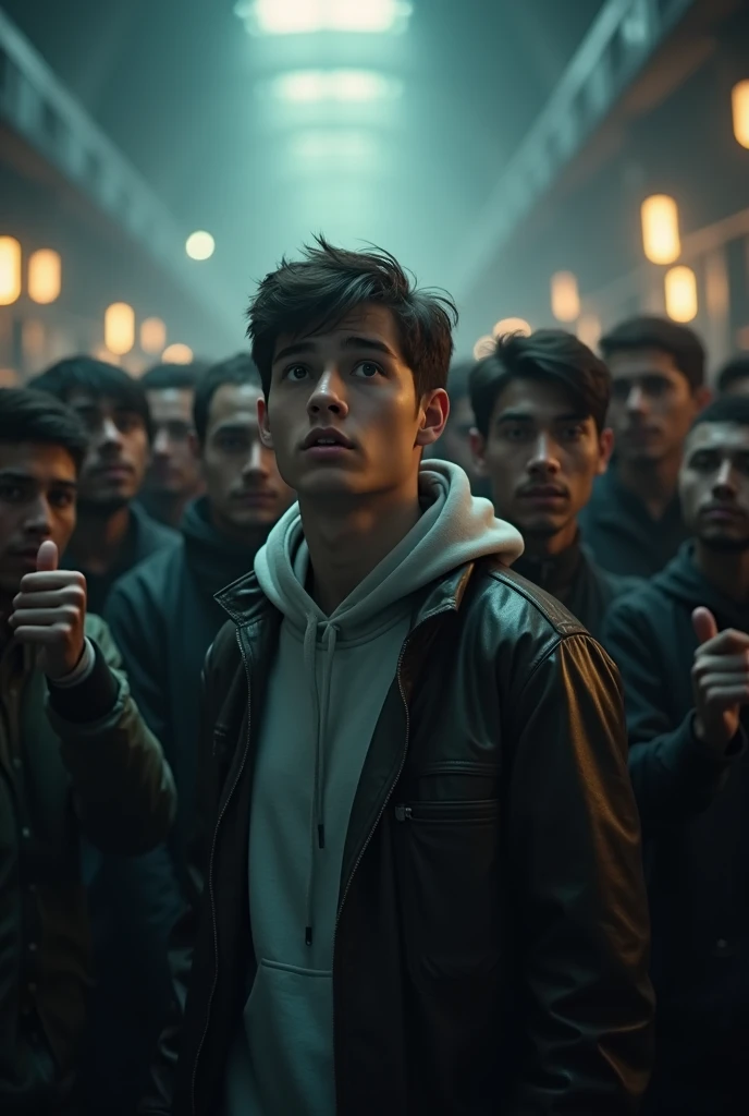 A 20 years boy in shock seeing in front and lots of people seeing the boy and showing finger to him and a sci fi background realistic low light YouTube thumbnail size image