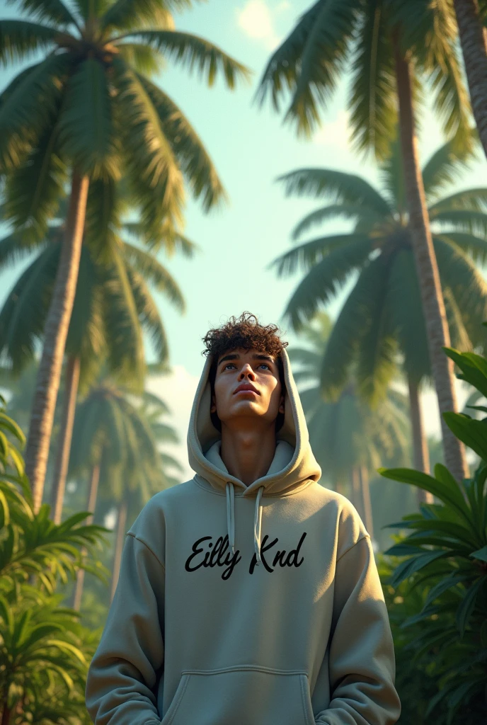 A young man wearing a hoody name on the hoody is EILLY KND standing under the coconut plantation